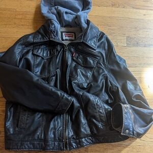 Levi's BROWN Leather LIKE Jacket COAT MENS LARGE LG L $158 HOOD LINED